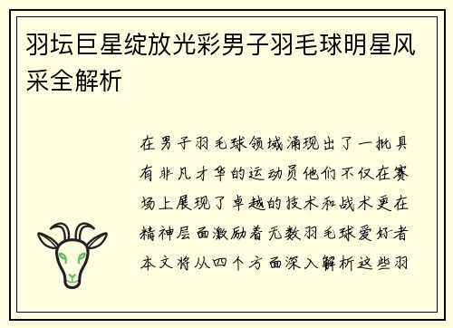 羽坛巨星绽放光彩男子羽毛球明星风采全解析