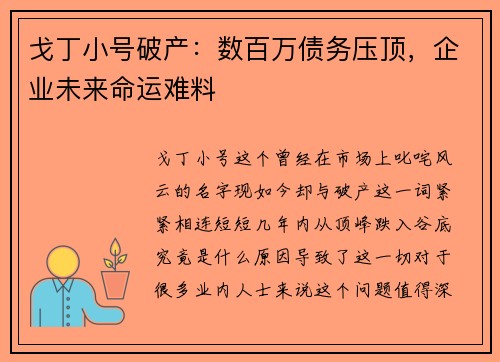 戈丁小号破产：数百万债务压顶，企业未来命运难料