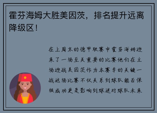霍芬海姆大胜美因茨，排名提升远离降级区！