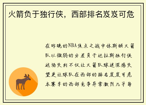 火箭负于独行侠，西部排名岌岌可危